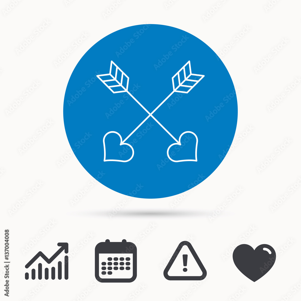 Love arrows icon. Amour equipment sign. Archer weapon with hearts symbol. Calendar, attention sign and growth chart. Button with web icon. Vector Love arrows icon. Amour equipment sign. Archer weapon with hearts symbol. Calendar, attention sign and growth chart. Button with web icon. Vector