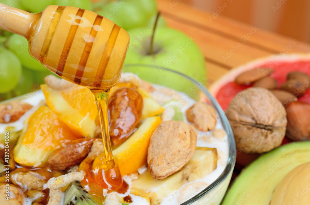 cereal with fruit on table cereal with fruit on table