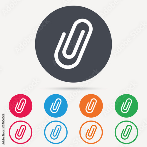 Attachment icon. Paper clip symbol. Round circle buttons. Colored flat web icons. Vector