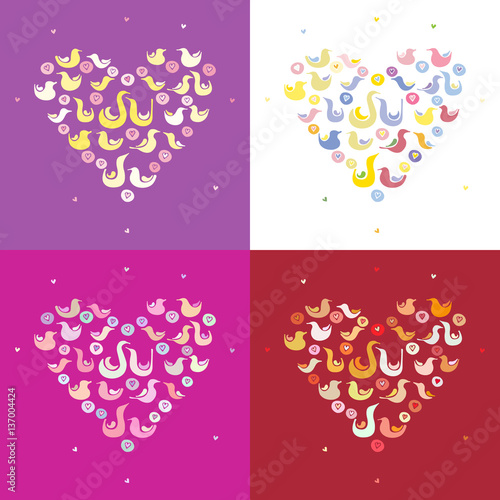 Vector patterns set with hearts and birds