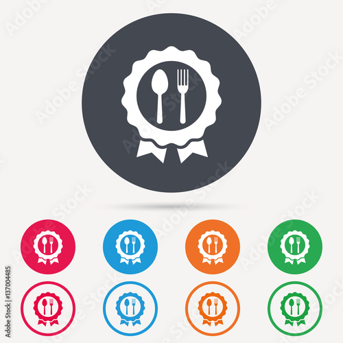 Award medal icon. Food winner emblem symbol. Fork and spoon signs. Round circle buttons. Colored flat web icons. Vector
