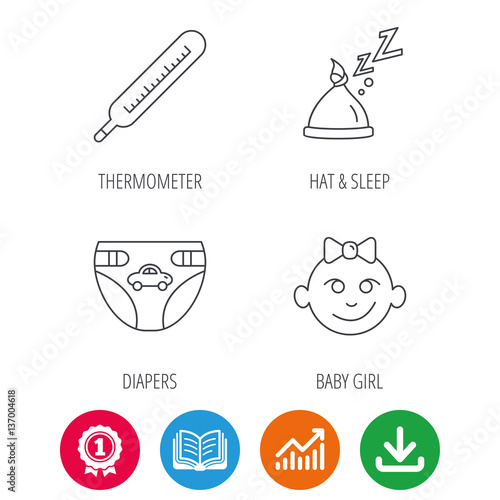 Thermometer  diapers and sleep hat icons. Baby girl linear sign. Award medal  growth chart and opened book web icons. Download arrow. Vector