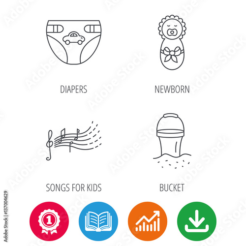 Diapers, newborn baby and songs for kids icons. Beach bucket linear sign. Award medal, growth chart and opened book web icons. Download arrow. Vector