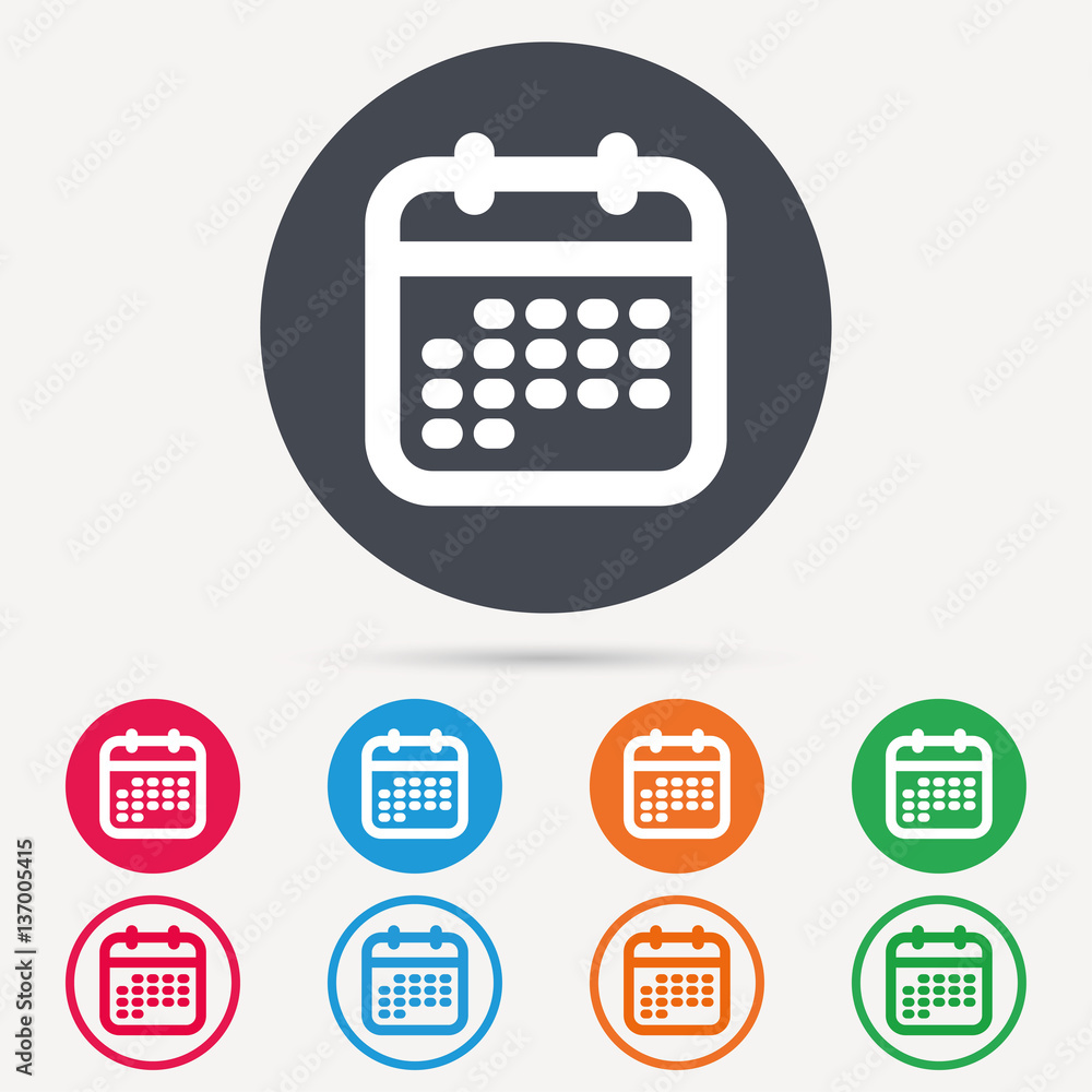 Calendar icon. Events reminder symbol. Round circle buttons. Colored flat web icons. Vector Calendar icon. Events reminder symbol. Round circle buttons. Colored flat web icons. Vector