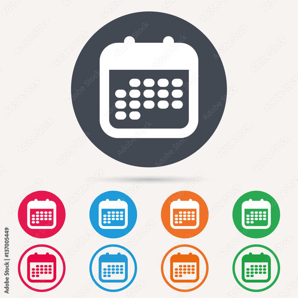 Calendar icon. Events reminder symbol. Round circle buttons. Colored flat web icons. Vector Calendar icon. Events reminder symbol. Round circle buttons. Colored flat web icons. Vector