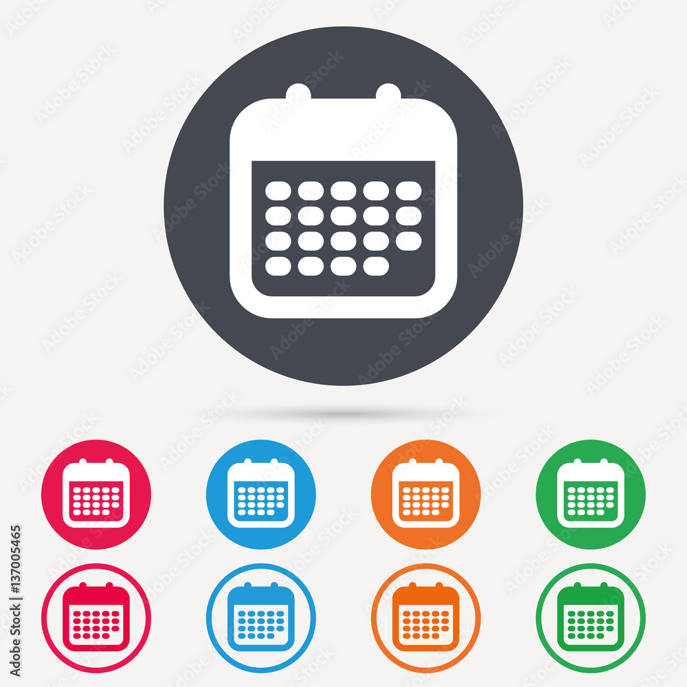 Calendar icon. Events reminder symbol. Round circle buttons. Colored flat web icons. Vector Calendar icon. Events reminder symbol. Round circle buttons. Colored flat web icons. Vector