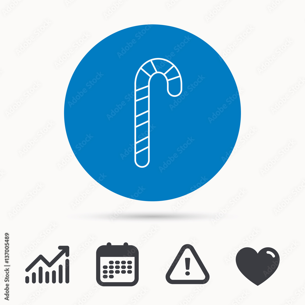 Candy cane icon. Sugar lollipop sign. Sweet lolly pop symbol. Calendar, attention sign and growth chart. Button with web icon. Vector Candy cane icon. Sugar lollipop sign. Sweet lolly pop symbol. Calendar, attention sign and growth chart. Button with web icon. Vector
