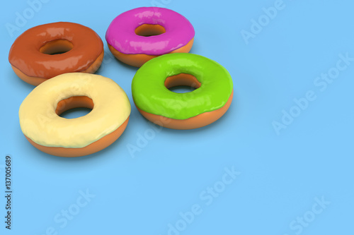 Four colored donuts on blue background with copy space 3d rendering