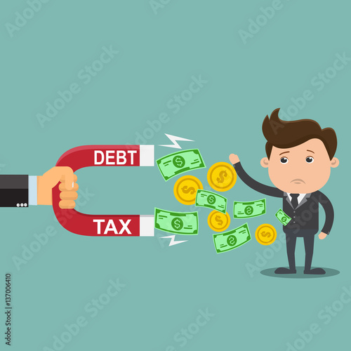 Businessman with Debt and Tax , Businessman hand holding magnet to attract money
