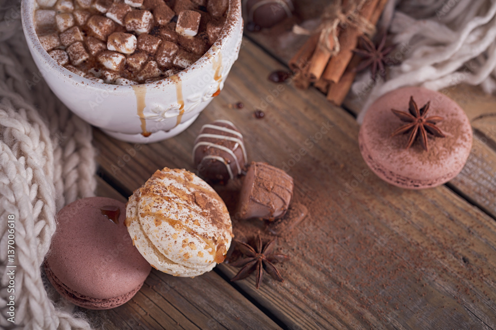 Christmas or New Year composition with hot chocolate or cocoa an Christmas or New Year composition with hot chocolate or cocoa an