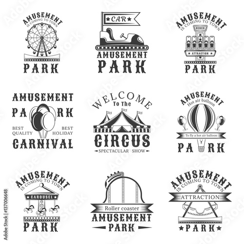 Amusement park set of vector vintage emblems, labels, badges, logos