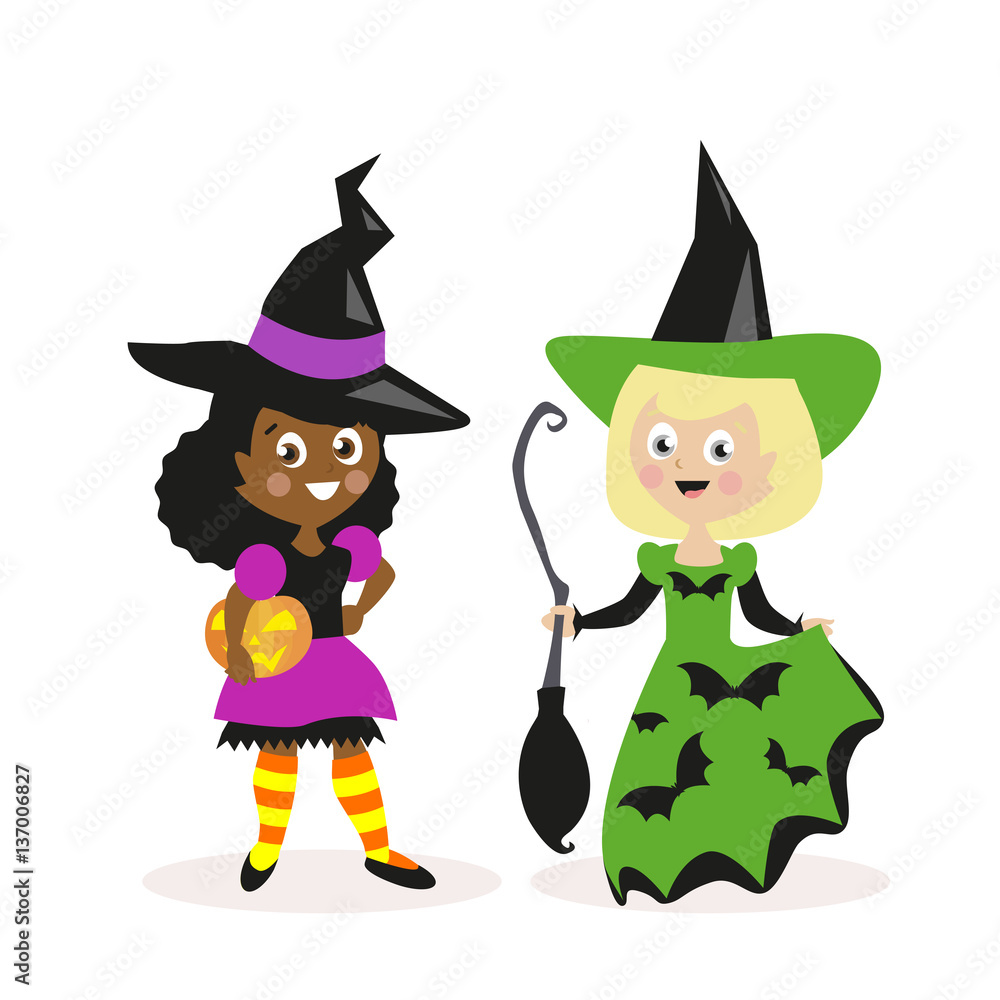 Girls dressed as a witch with a broom and pumpkin. Holiday Halloween. Small children. White and African-American. Flat character isolated on white background. Vector, illustration EPS10.