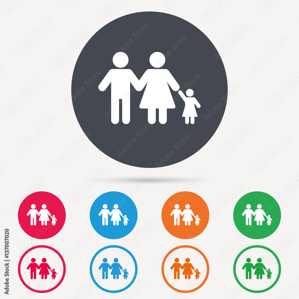 Family icon. Father, mother and child symbol. Round circle buttons. Colored flat web icons. Vector Family icon. Father, mother and child symbol. Round circle buttons. Colored flat web icons. Vector