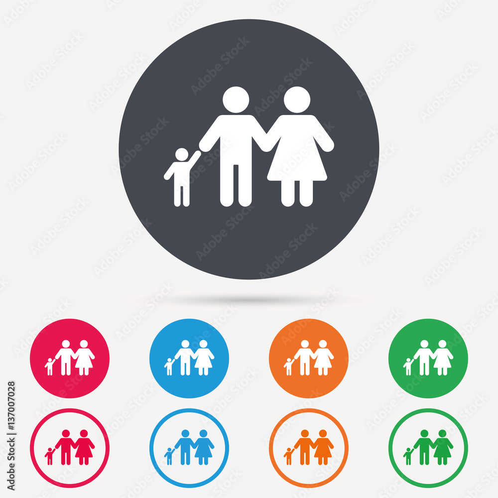 Family icon. Father, mother and child symbol. Round circle buttons. Colored flat web icons. Vector Family icon. Father, mother and child symbol. Round circle buttons. Colored flat web icons. Vector