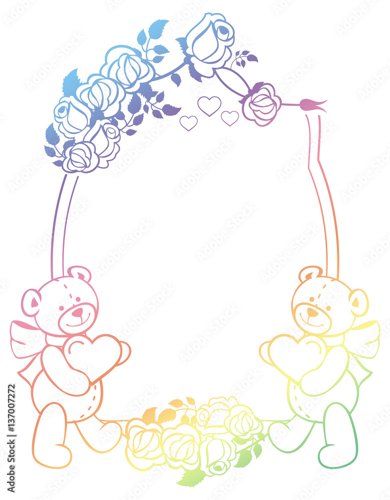 Oval gradient label with outline roses and cute teddy bear holding heart. Oval gradient label with outline roses and cute teddy bear holding heart.