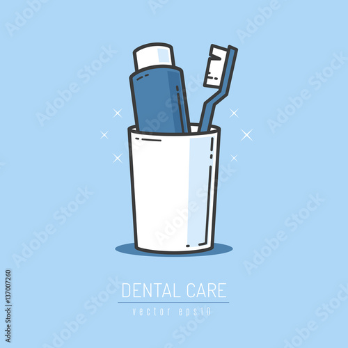 Toothpaste and toothbrush in glass vector illustration