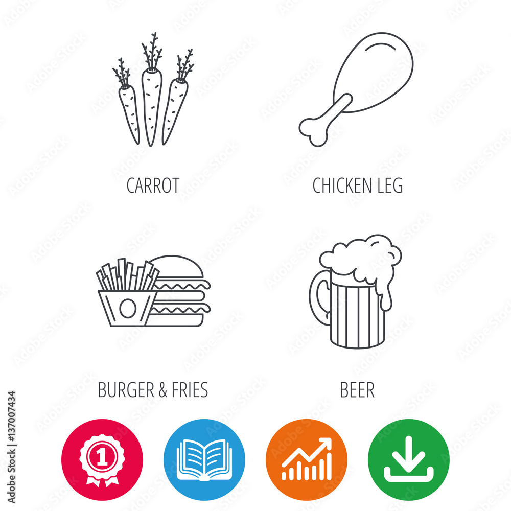 Hamburger, beer and chicken leg icons. Burger and chips fries linear signs. Award medal, growth chart and opened book web icons. Download arrow. Vector Hamburger, beer and chicken leg icons. Burger and chips fries linear signs. Award medal, growth chart and opened book web icons. Download arrow. Vector