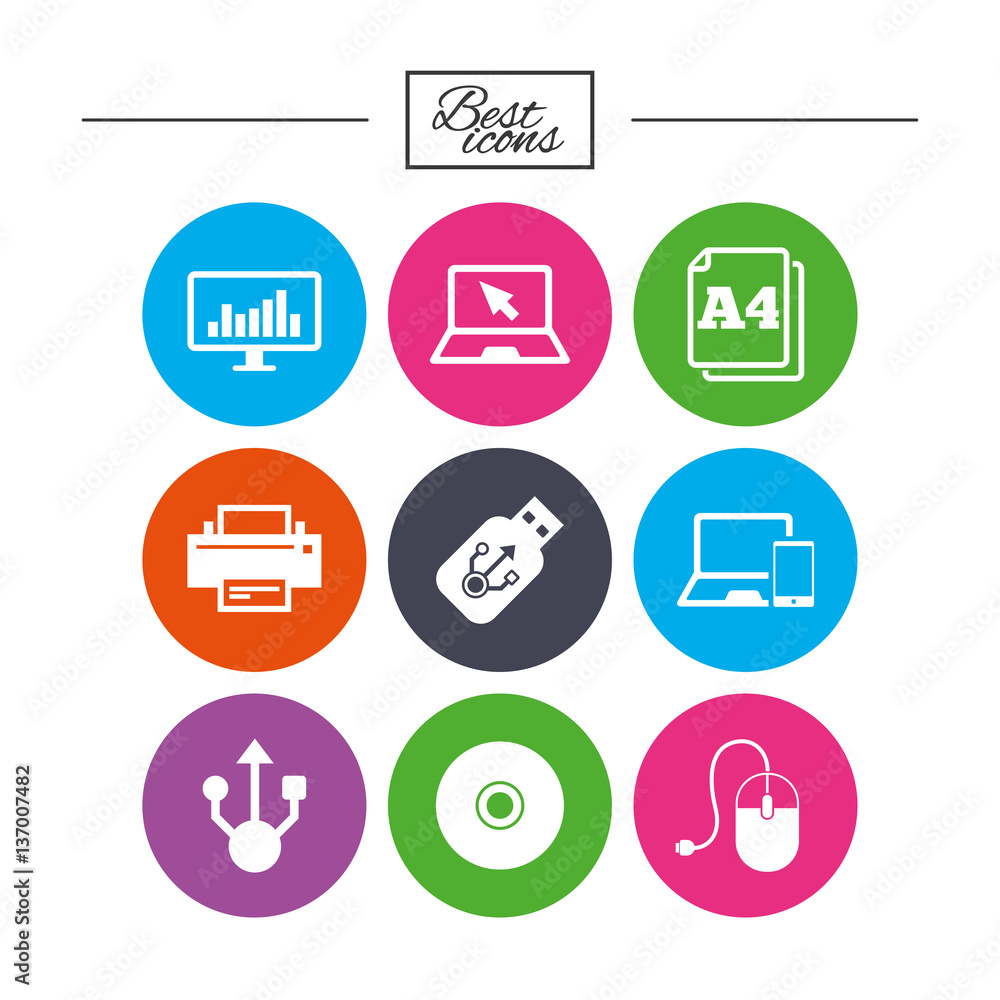 Computer devices icons. Printer, laptop signs. Computer devices icons. Printer, laptop signs.