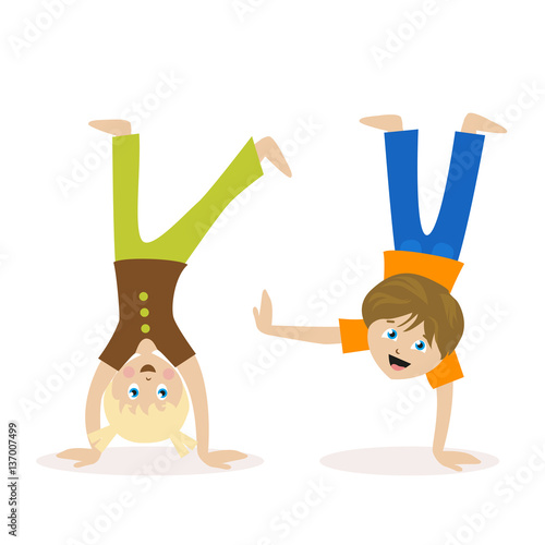 Boy and girl standing upside down on their hands. Children having fun or athletics. Morning exercise or playing sports. Flat character isolated on white background. Vector, illustration EPS10.