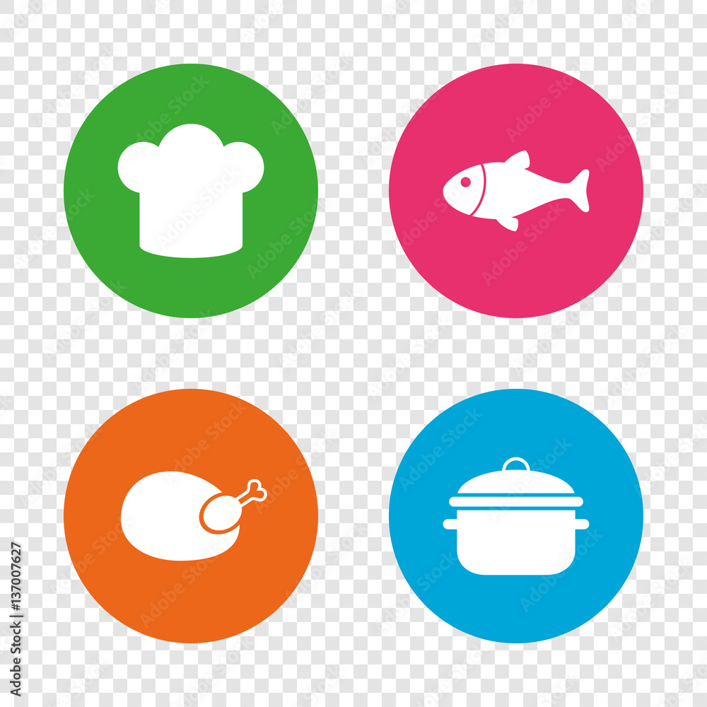 Chief hat, cooking pan icons. Fish and chicken. Chief hat, cooking pan icons. Fish and chicken.