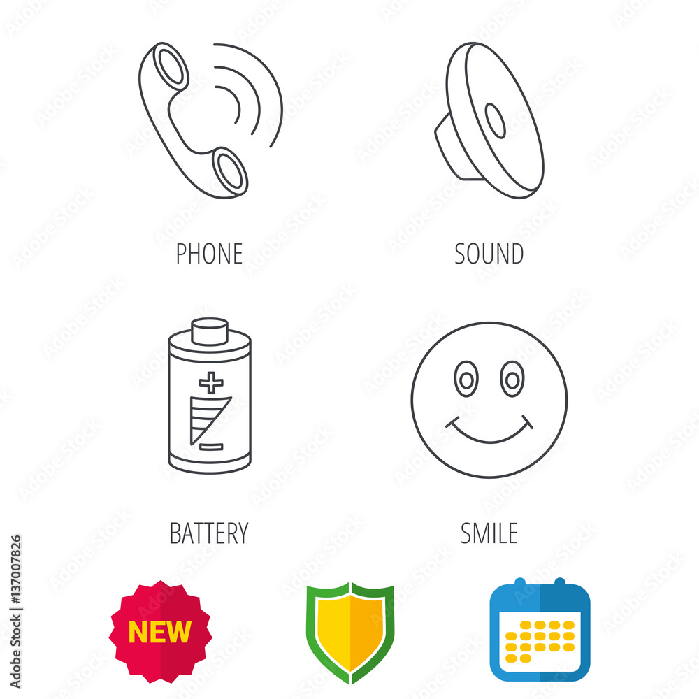 Phone call, battery and sound icons. Smiling face linear sign. Shield protection, calendar and new tag web icons. Vector