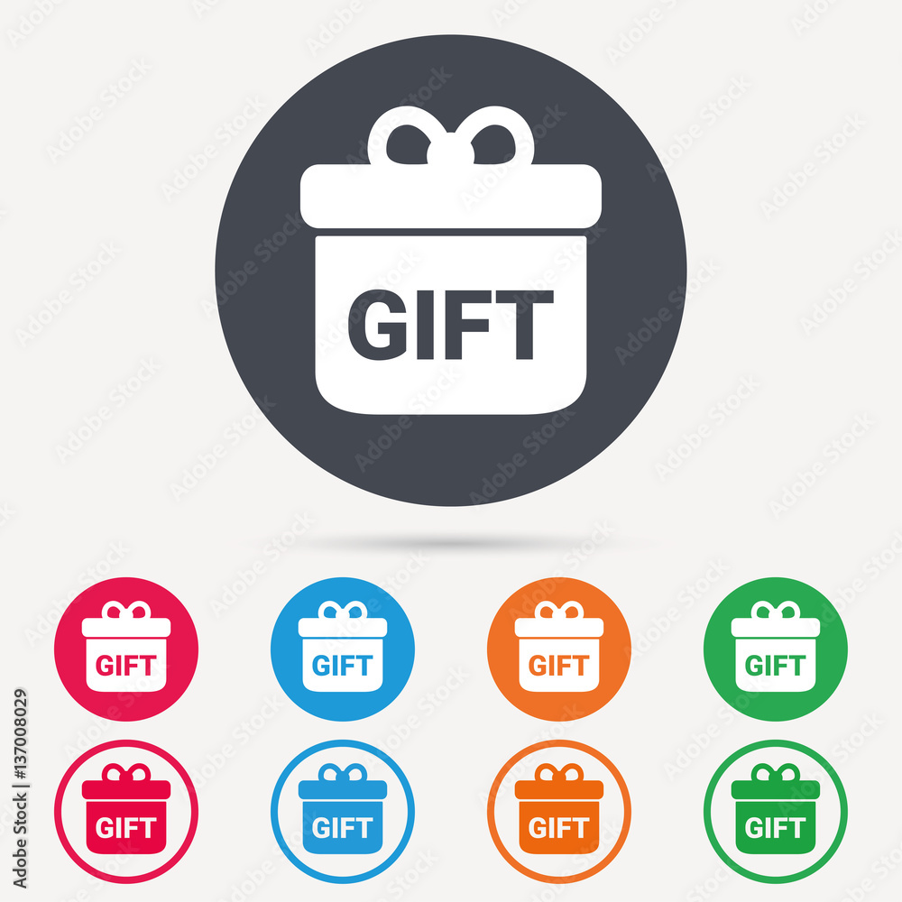 Gift icon. Present box with bow symbol. Round circle buttons. Colored flat web icons. Vector Gift icon. Present box with bow symbol. Round circle buttons. Colored flat web icons. Vector