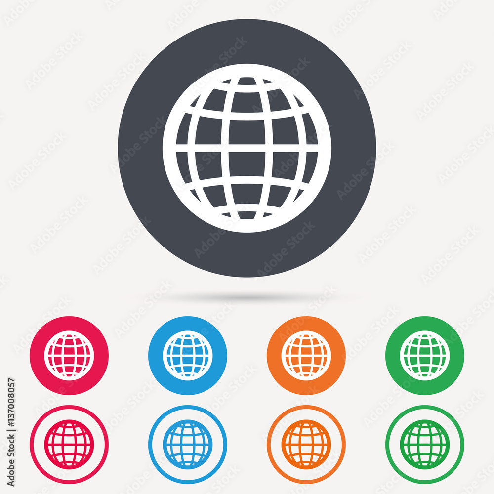 Globe icon. World or internet symbol. Round circle buttons. Colored flat web icons. Vector Globe icon. World or internet symbol. Round circle buttons. Colored flat web icons. Vector