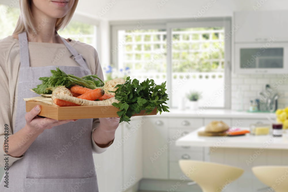 Portrait of happy Woman holding fresh organic Vegetables, cooking, healthy eating, dieting concept Portrait of happy Woman holding fresh organic Vegetables, cooking, healthy eating, dieting concept