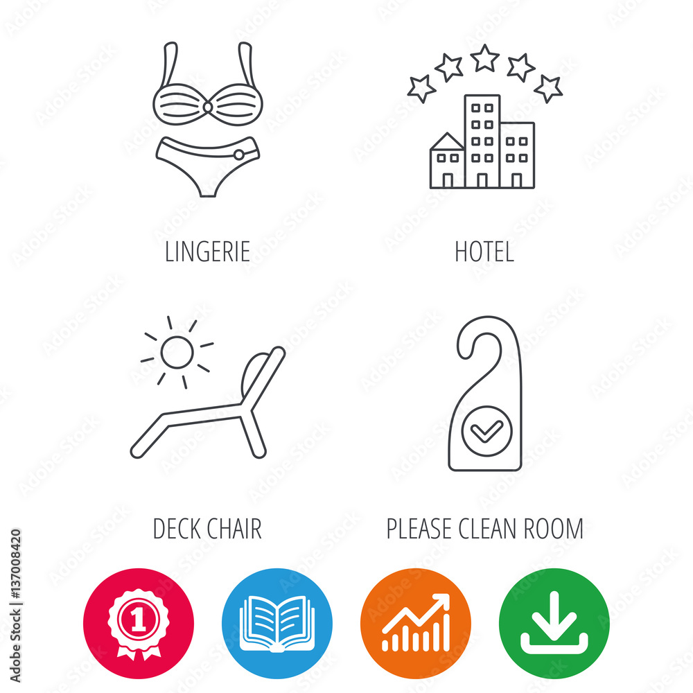 Hotel, lingerie and beach deck chair icons. Clean room linear sign. Award medal, growth chart and opened book web icons. Download arrow. Vector