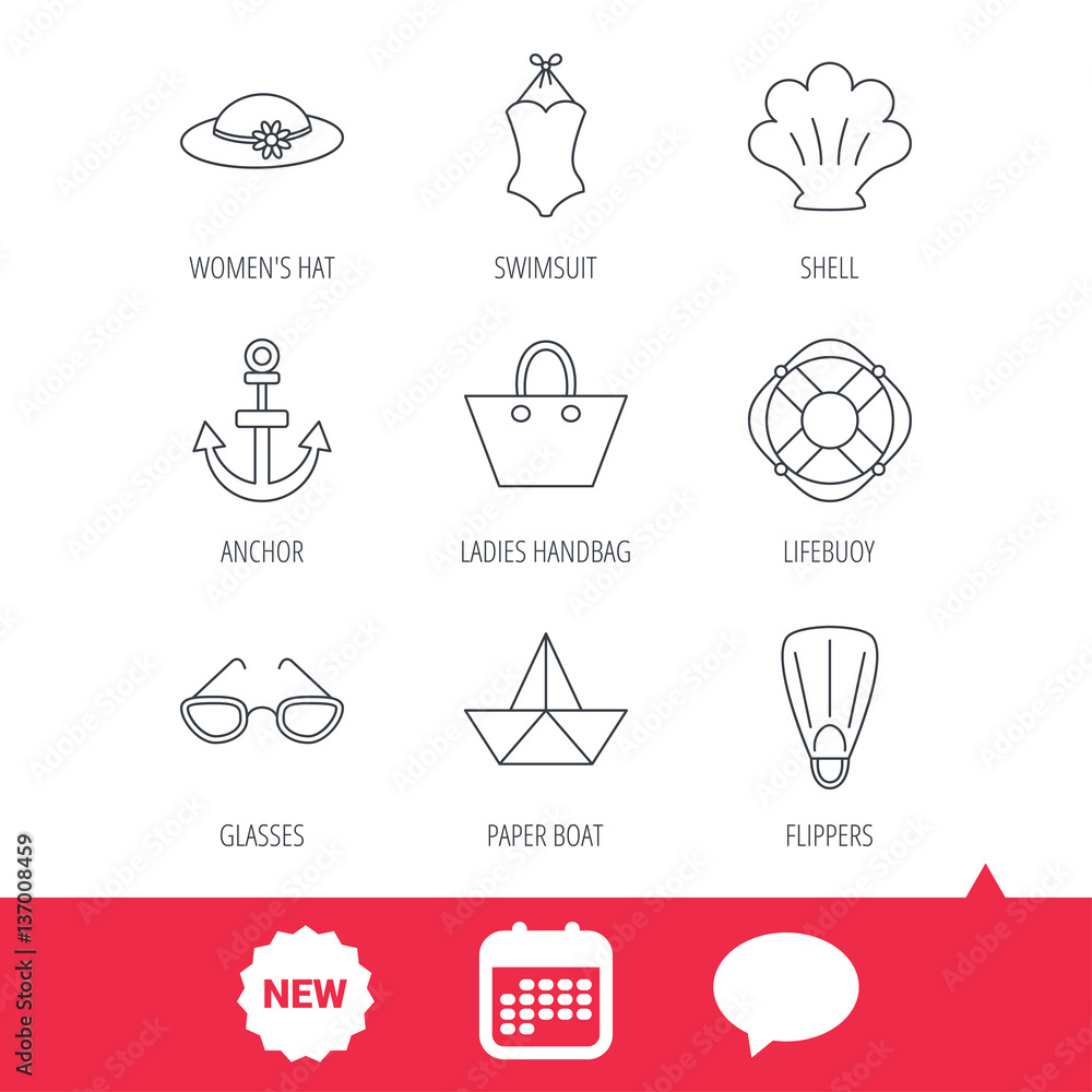 Paper boat, shell and swimsuit icons. Lifebuoy, glases and women hat linear signs. Anchor, ladies handbag icons. New tag, speech bubble and calendar web icons. Vector