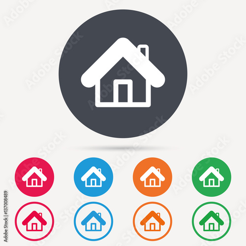 Home icon. House building symbol. Real estate construction. Round circle buttons. Colored flat web icons. Vector © tanyastock
