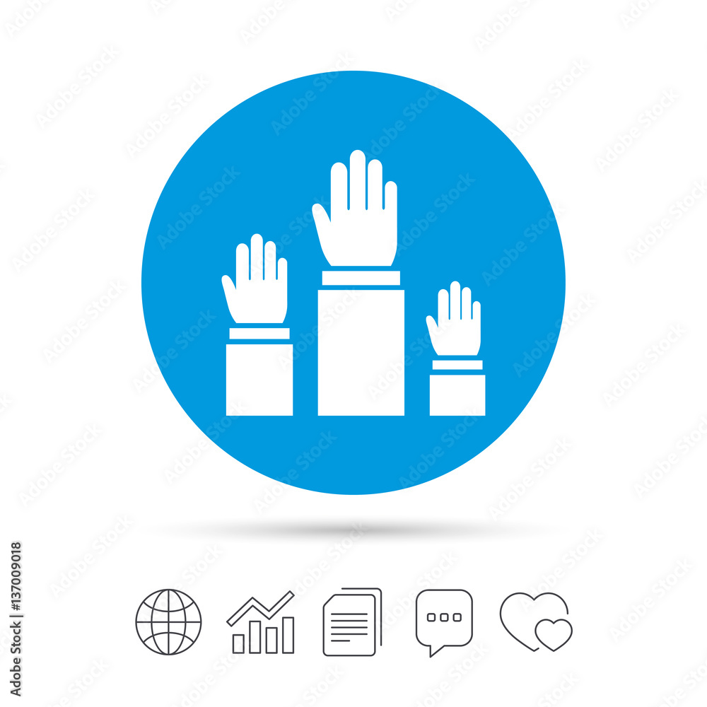 Election or voting sign icon. Hands raised up. Election or voting sign icon. Hands raised up.
