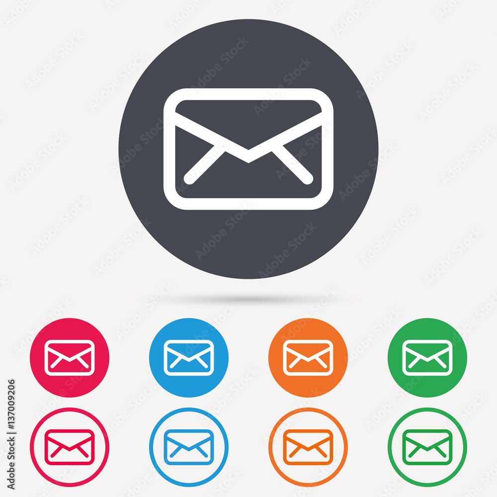 Envelope icon. Send email message sign. Internet mailing symbol. Round circle buttons. Colored flat web icons. Vector Envelope icon. Send email message sign. Internet mailing symbol. Round circle buttons. Colored flat web icons. Vector