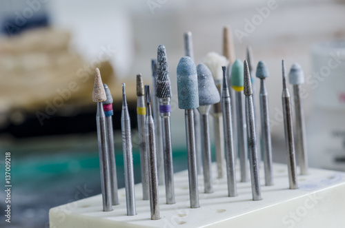 Tools of a dental technician, dental burs in a laboratory