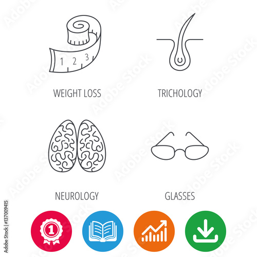 Glasses, neurology and trichology icons. Weight loss linear sign. Award medal, growth chart and opened book web icons. Download arrow. Vector
