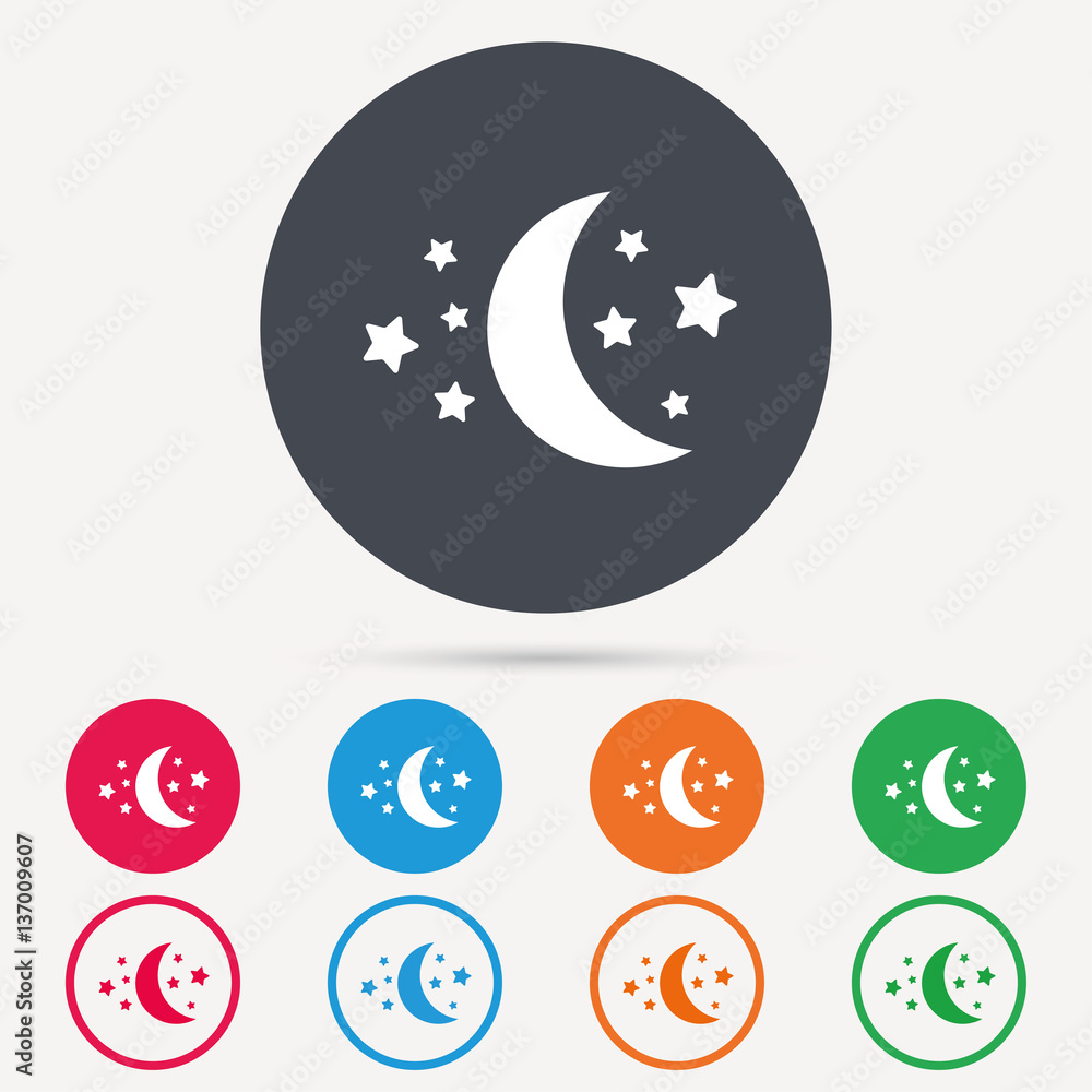 Moon and stars icon. Night sleep symbol. Round circle buttons. Colored flat web icons. Vector Moon and stars icon. Night sleep symbol. Round circle buttons. Colored flat web icons. Vector