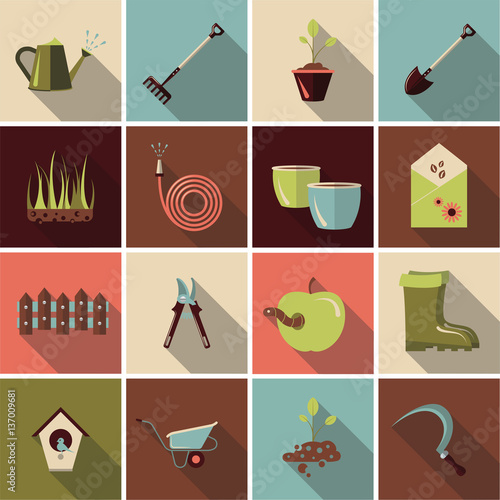 Gargening and sickle, watering can, rake, pots for plants, shovel, grass, for watering hose, pots for plants, Plants' seeds, scissors, apple with worm,rubber boots, , soil flat icon vector illustrator