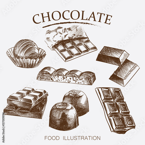 Hand drawn set of different kinds of chocolate sketch style vector illustration on white background. Chocolate bars, candies, beans, porous