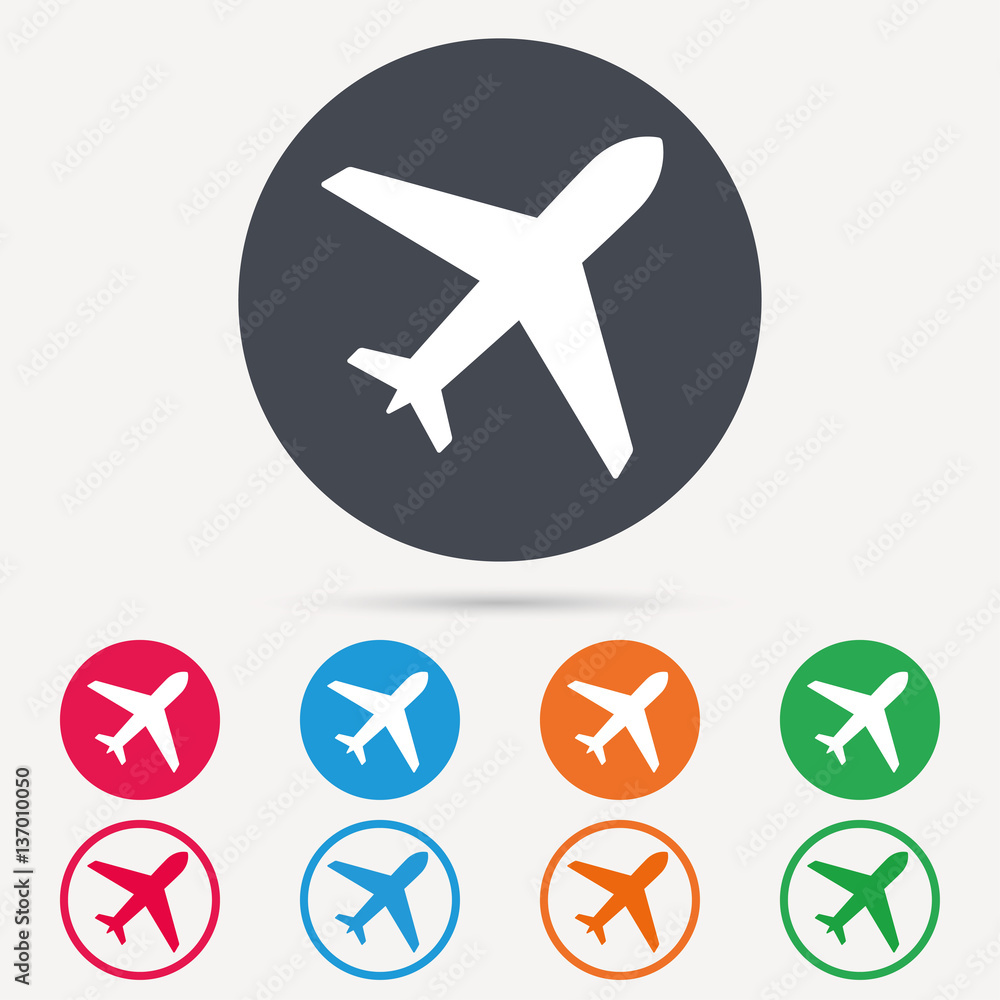 Plane icon. Flight transport symbol. Round circle buttons. Colored flat web icons. Vector