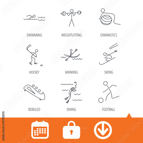 Swimming, football and skiing icons. Ice hockey, diving and gymnastics linear signs. Kayaking, weightlifting and bobsleigh icons. Download arrow, locker and calendar web icons. Vector