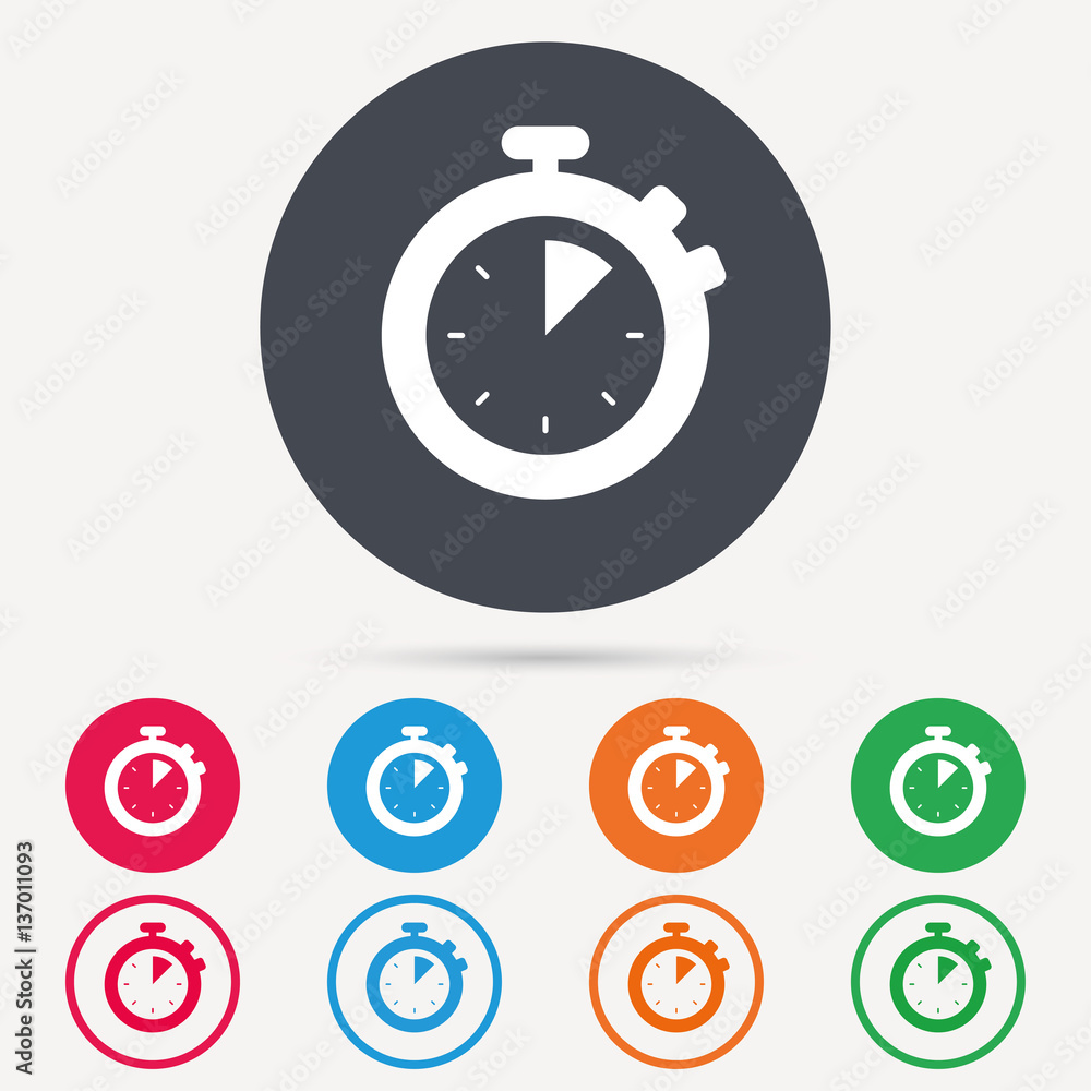 Stopwatch icon. Timer or clock device symbol. Round circle buttons. Colored flat web icons. Vector Stopwatch icon. Timer or clock device symbol. Round circle buttons. Colored flat web icons. Vector