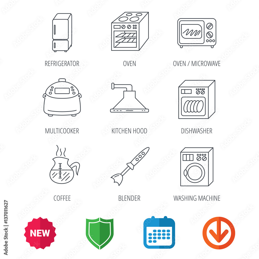 Microwave oven, washing machine and blender icons. Refrigerator fridge, dishwasher and multicooker linear signs. Coffee icon. New tag, shield and calendar web icons. Download arrow. Vector Microwave oven, washing machine and blender icons. Refrigerator fridge, dishwasher and multicooker linear signs. Coffee icon. New tag, shield and calendar web icons. Download arrow. Vector