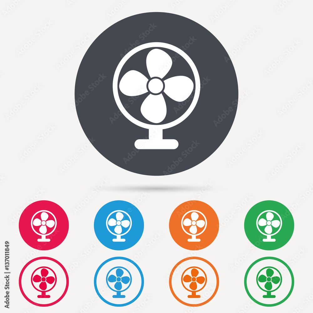 Ventilator icon. Air ventilation or fan symbol. Round circle buttons. Colored flat web icons. Vector Ventilator icon. Air ventilation or fan symbol. Round circle buttons. Colored flat web icons. Vector