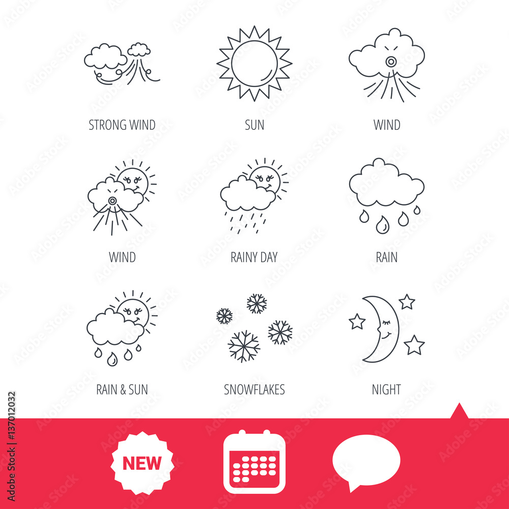 Weather, sun and rain icons. Moon night, clouds linear signs. Strong wind, snowflakes and water drops flat line icons. New tag, speech bubble and calendar web icons. Vector Weather, sun and rain icons. Moon night, clouds linear signs. Strong wind, snowflakes and water drops flat line icons. New tag, speech bubble and calendar web icons. Vector