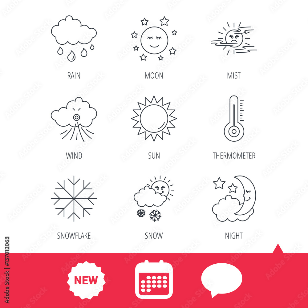 Weather, sun and rain icons. Moon night, clouds and mist linear signs. Wind and snowflakes flat line icons. New tag, speech bubble and calendar web icons. Vector Weather, sun and rain icons. Moon night, clouds and mist linear signs. Wind and snowflakes flat line icons. New tag, speech bubble and calendar web icons. Vector