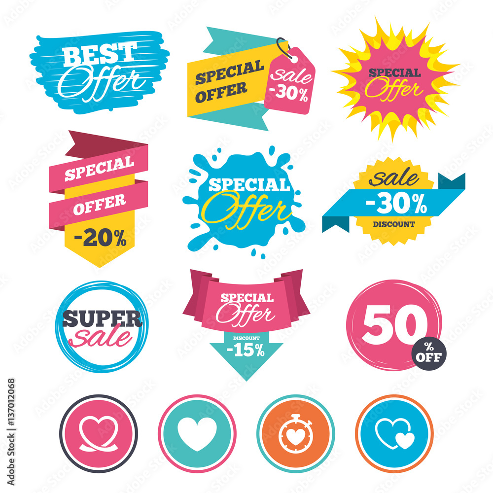 Heart ribbon icon. Timer stopwatch symbol. Heart ribbon icon. Timer stopwatch symbol.