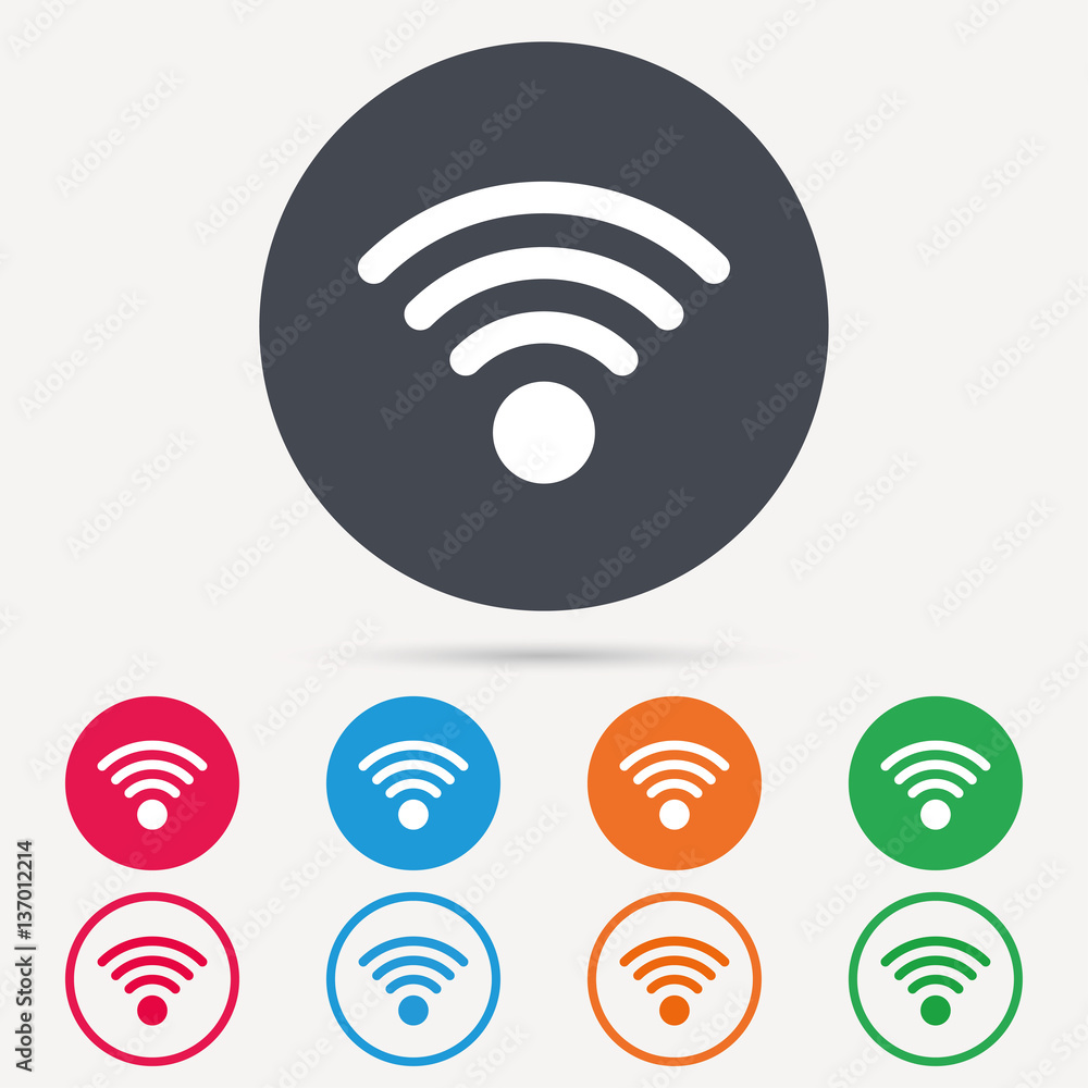 Wifi icon. Wireless internet sign. Communication technology symbol. Round circle buttons. Colored flat web icons. Vector Wifi icon. Wireless internet sign. Communication technology symbol. Round circle buttons. Colored flat web icons. Vector