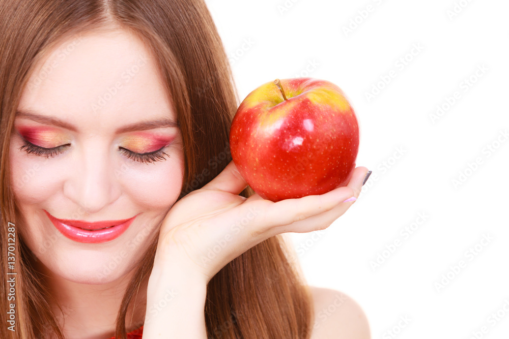 Woman charming girl colorful makeup holds apple fruit Woman charming girl colorful makeup holds apple fruit