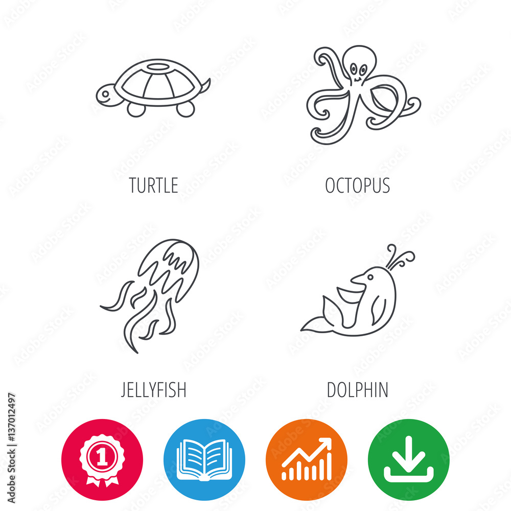 Octopus, turtle and dolphin icons. Jellyfish linear sign. Award medal, growth chart and opened book web icons. Download arrow. Vector