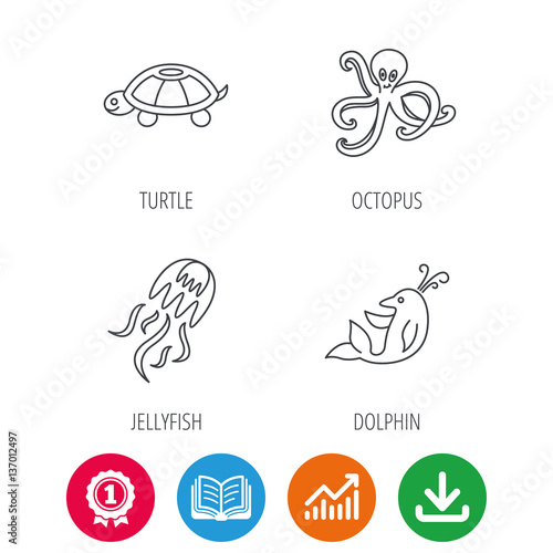 Octopus  turtle and dolphin icons. Jellyfish linear sign. Award medal  growth chart and opened book web icons. Download arrow. Vector
